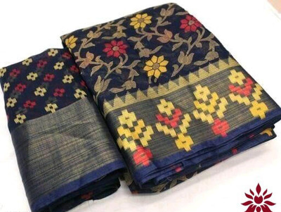 AMYRA COTTON SAREES Printed Bhagalpuri Cotton Blend, Brasso Saree(Dark Blue)