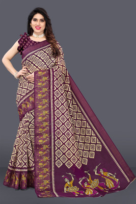 sareya veela Geometric Print Bandhani Cotton Linen Saree(Purple)