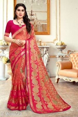 Harsiddhi fashion Printed, Paisley, Ombre, Embellished Bollywood Chiffon, Brasso Saree(Pink)