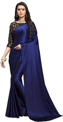 Sanjana Silks Solid/Plain Bollywood Satin Saree(Dark Blue)