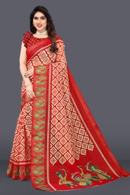 SARETRA MALL Printed Bandhani Cotton Silk Saree(Red, White)