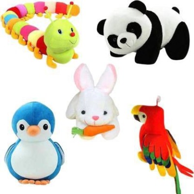 FUN2PLAY Combo of 5 panda, rabbit, caterpillar, penguin, teddy with Parrot - 25 cm  - 25 cm(Multicolor)