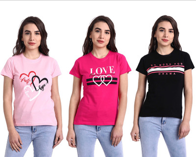 Fabflee Printed Women Round Neck Pink, Black T-Shirt
