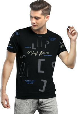 Jump Cuts Printed Men Round Neck Black T-Shirt