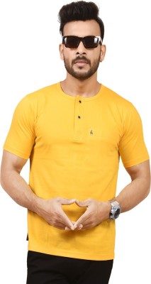 PLACIDO Solid Men Henley Neck Yellow T-Shirt