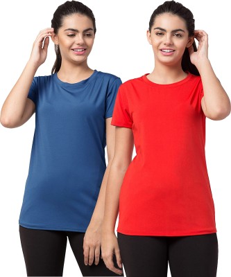 UDI n ADI Solid Women Round Neck Blue, Red T-Shirt