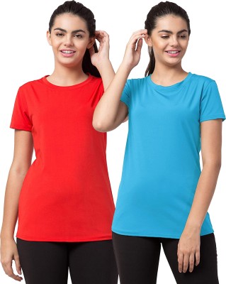 UDI n ADI Solid Women Round Neck Red, Light Blue T-Shirt