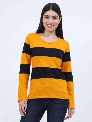 Fleximaa Colorblock Women Round Neck Black, Yellow T-Shirt