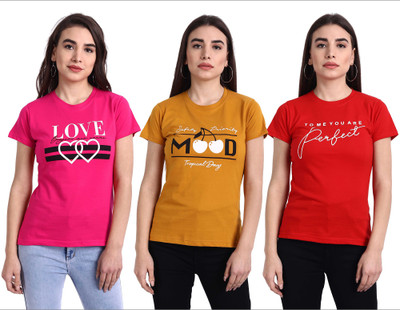 Fabflee Printed Women Round Neck Red, Pink, Yellow T-Shirt