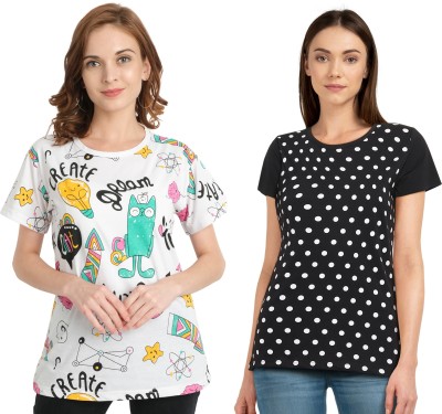 CHOZI Printed Women Round Neck White, Black T-Shirt