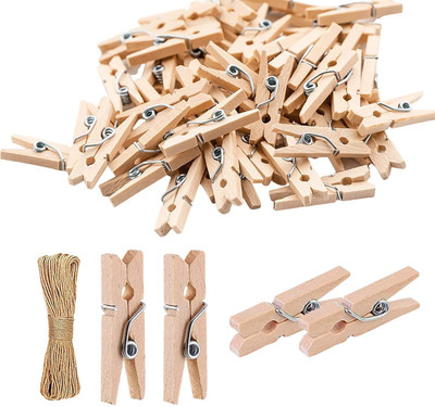 PRANSUNITA 50 pcs Small Natural Wooden Clothespins with 10 MTS Jute Twine Thread