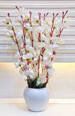 Artsy Artificial Flowers With Pot For Home Decoration, Office Decor Cherry Blossom White Cherry Blossom Artificial Flower  with Pot(17 inch, Pack of 1, Flower with Basket)