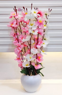 Artsy Artificial Flowers With Pot For Home Decoration, Office Decor Cherry Blossom Pink, White Cherry Blossom Artificial Flower  with Pot(17 inch, Pack of 1, Flower with Basket)