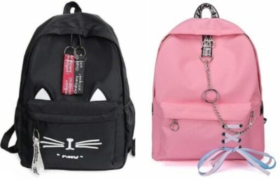 Sentinel COMBO PREPPY STYLE BLACK CAT & PINK EYELET BACKPACK FOR SCHOOL GIRLS 20 L Laptop Backpack(Black, Pink)