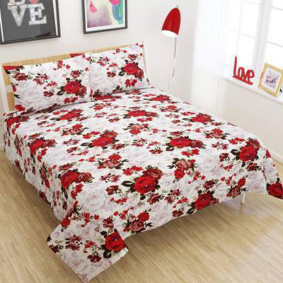 Manish Creation 140 TC Polycotton Double Floral Flat Bedsheet(Pack of 1, White)