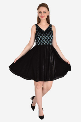 miss haute Women Fit and Flare Black Knee Length Dress