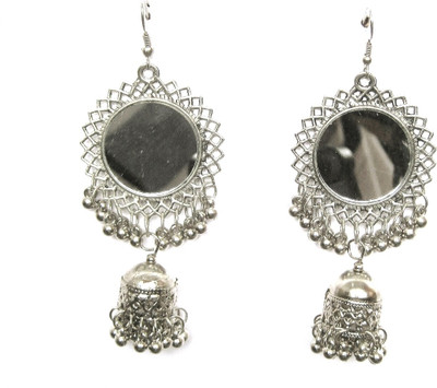 Faabiie Round Mirror Jhumka/Jhumki Earrings with black beads for Women & Girls Alloy Jhumki Earring