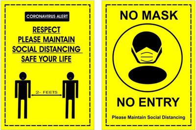 GOODPRINTZONE No mask No Entry And Social Distancing, Wall Sticker Pack 4 Of Pcs Emergency Sign(Reflective Sign)