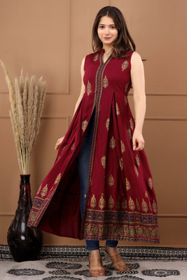 SAAR SUMRAN Women Printed Anarkali Kurta(Maroon)