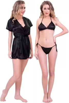 GOODNIGHT GLAM Women Robe and Lingerie Set(Black)