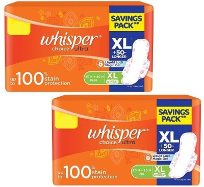 Whisper Choice Ultra XL- (20N + 20 N Counts)*2 Sanitary Pad(Pack of 80)