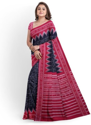 NIKHILAM Printed Daily Wear Pure Cotton Saree(Dark Blue, Red)