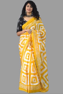 vastraprints Printed Ikkat Pure Cotton Saree(White, Mustard)