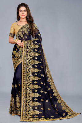 Jimonzy Embroidered Handloom Georgette Saree(Dark Blue)