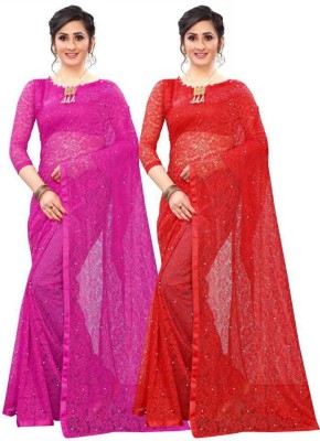 helofy Embellished Bollywood Net, Brasso Saree(Pack of 2, Red, Pink)