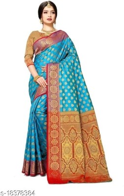 GIGEV FASHION Woven Banarasi Jacquard Saree(Light Blue, Red)