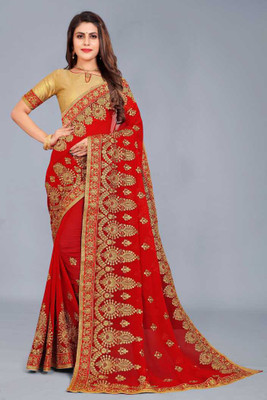 Jimonzy Embroidered Handloom Georgette Saree(Red)