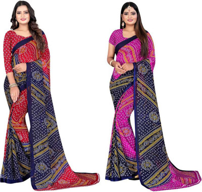 Leelavati Printed Bandhani Georgette Saree(Pack of 2, Red, Pink)