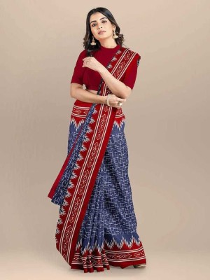NIKHILAM Printed Daily Wear Pure Cotton Saree(Blue, Red)