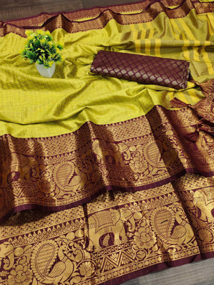 Fancy Fab Checkered Bollywood Cotton Silk Saree(Maroon, Yellow)