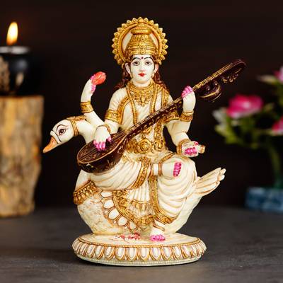 shyam antique creation Marble Look Goddess Maa Saraswati Statue Decorative Showpiece  -  22 cm