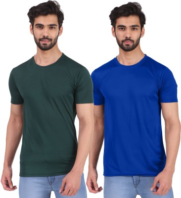 London Hills Solid Men Round Neck Green, Blue T-Shirt