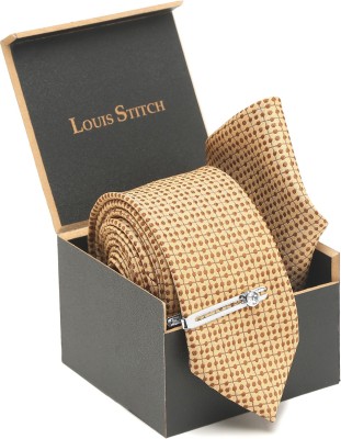 LOUIS STITCH Cream Dotted-d Italian Silk Necktie Set With Pocket Square & Silver Chrome Pin Polka Print Tie