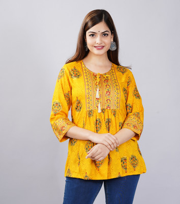 ERT IRAWAT Casual Printed Women Yellow Top