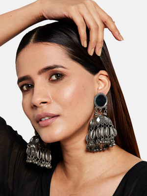 Atibelle Atibelle Oxidised Silver-Plated German Silver Mirror studded Dome shape Ghungroo Brass Drops & Danglers