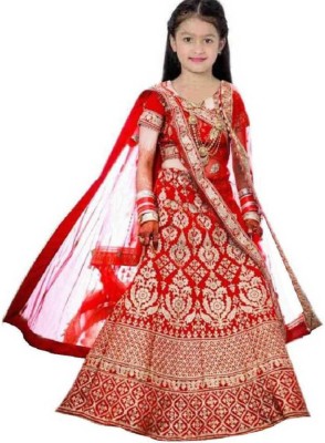 The Fashion Prime Girls Lehenga Choli Ethnic Wear Embroidered Lehenga, Choli and Dupatta Set(Red, Pack of 1)