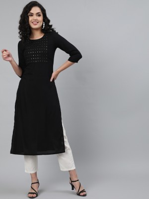 KIMAYRA Women Embroidered Straight Kurta(Black)