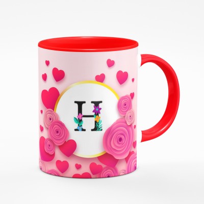 Gift4You Red Coffee mug Multicolor Name Letter Alphabet H Printed Coffee Cup Ceramic Coffee Mug(330 ml)