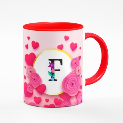 Gift4You Red Coffee mug Multicolor Name Letter Alphabet F Printed Coffee Cup Ceramic Coffee Mug(330 ml)