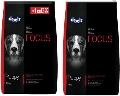 Drools Focus Puppy Super Premi Dog Food, 4kg & Focus Puppy Dog Food, 12 kg (+1 kg Free Chicken 16 kg (2x8 kg) Dry New Born Dog Food