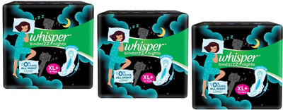 Whisper Nights Extra Large Plus XL+ (15+15+15 Counts) Sanitary Pad(Pack of 45)