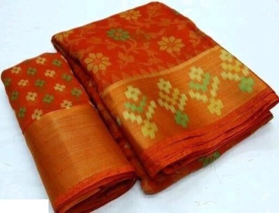 NavSarjan Printed Daily Wear Pure Cotton Saree(Orange)