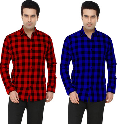 REHAN Men Checkered Casual Red, Blue Shirt(Pack of 2)