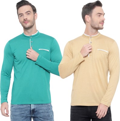 GAGCOBIA Solid Men Henley Neck Beige, Light Green T-Shirt