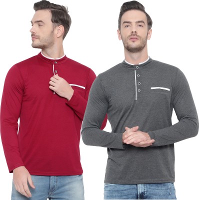 GAGCOBIA Solid Men Henley Neck Red, Grey T-Shirt