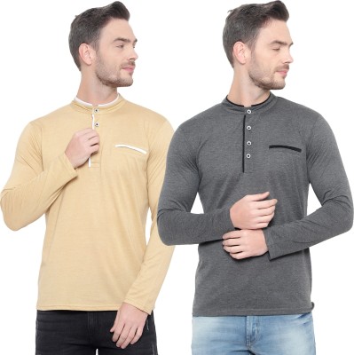 Jangoboy Solid Men Henley Neck Beige, Grey T-Shirt